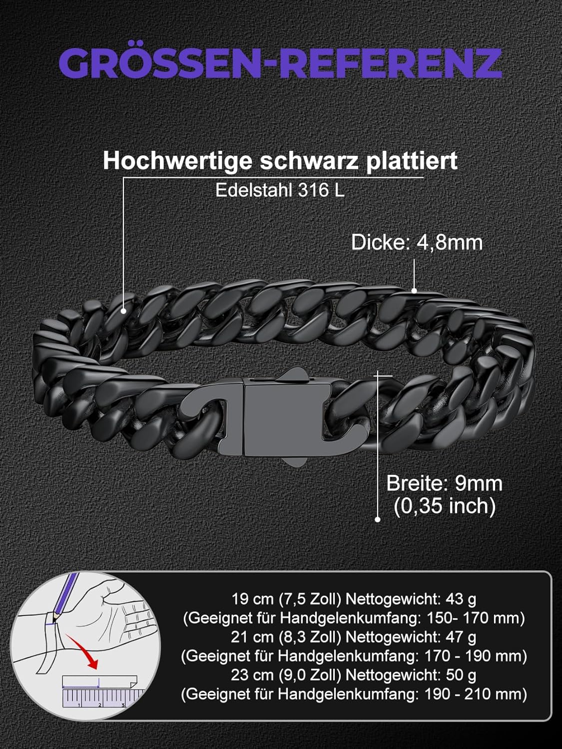 Thumbnail 5 de Richsteel Armband Herren Edelstahl Armreif Kubanisch – Knebelverschluss, 21 cm, 9 mm Breite, Schwarz