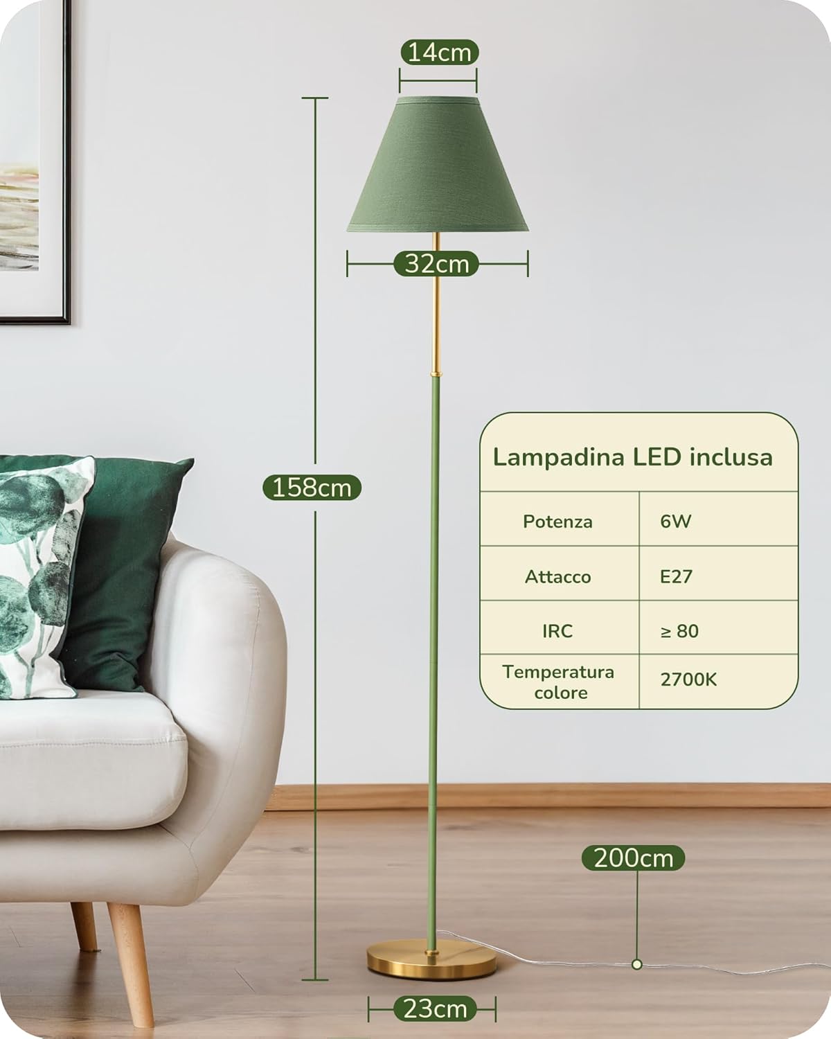 Thumbnail 6 de EDISHINE Lampada da Terra Retro in Cotone-Lino con Struttura in Metallo, LED 2700K Inclusa, verde-grigio