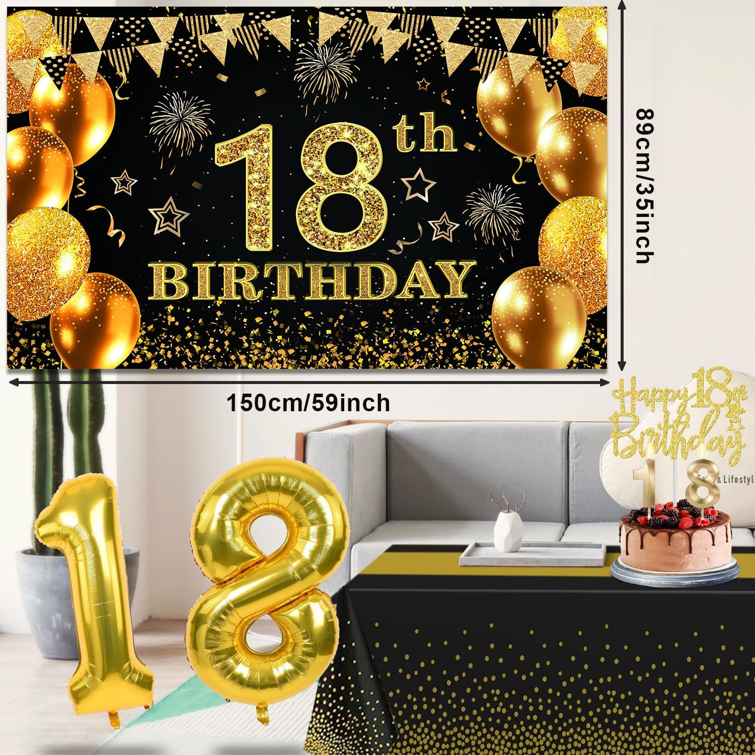 Detalle de 18th Birthday Decorations Set in Black and Gold: Banner, Table Cloth, Balloons, Sash, Cake Topper and Candles