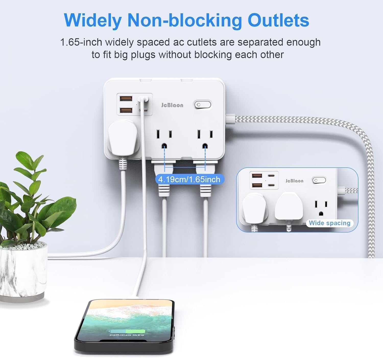 Detalle 2 de JcBlaon 15 ft Power Strip with 6 AC Outlets, 4 USB Ports and 1050 J Surge Protection