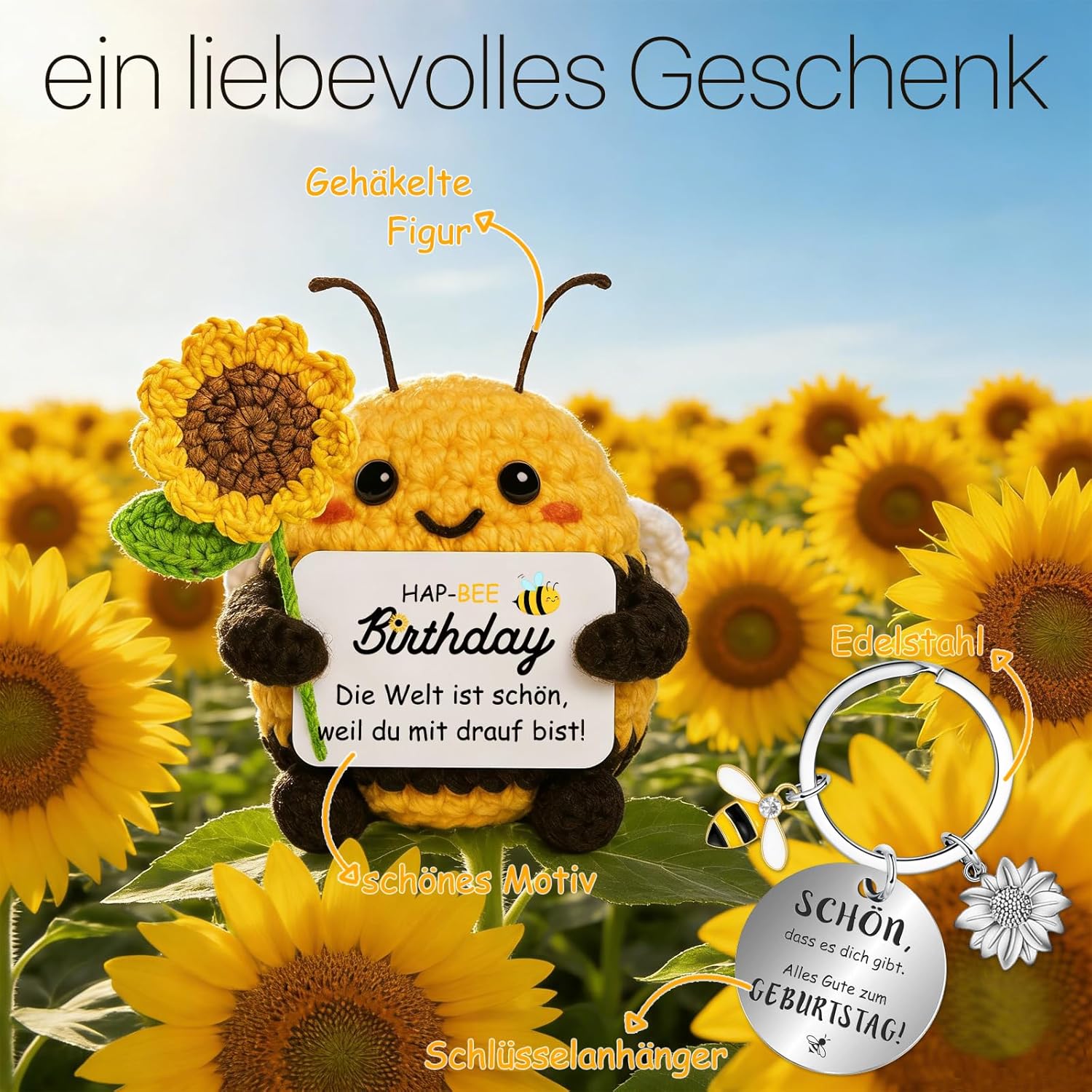Thumbnail 1 de Handgehäkelte Biene mit Sonnenblumenstrauß und Edelstahl-Schlüsselanhänger – Farbeele Mutmacher-Geschenk zum Geburtstag