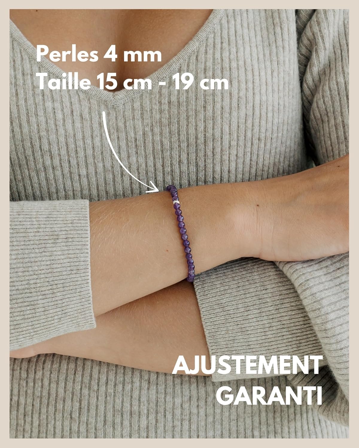 Detalle de Bracelet en perles avec pierres naturelles et perle argent 925 – 4 mm, ajustable 15–19 cm