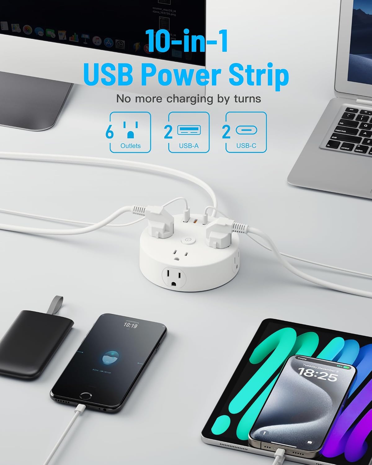 Detalle de Yozisital 10FT 2-Prong Power Strip with 2-Prong to 3-Prong Adapter, 6 AC Outlets + 4 USB (2 USB-C), Rotating Plug & Surge Protection