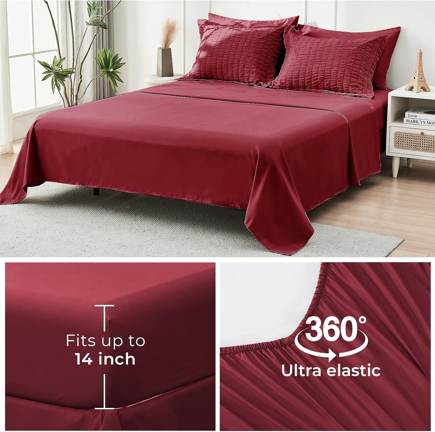 Thumbnail 6 de HYMOKEGE 7-Piece King Seersucker Duvet Set in Burgundy