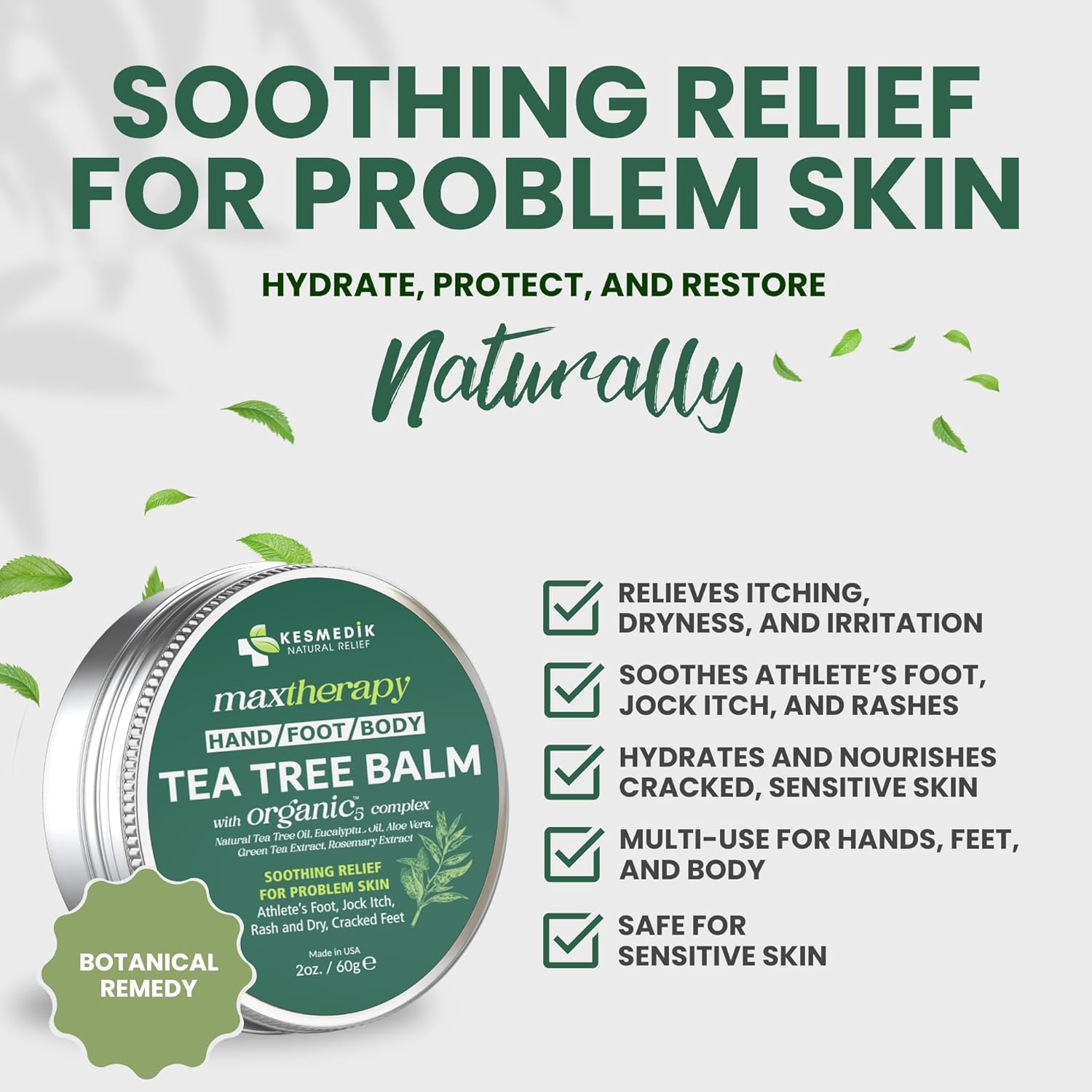 Detalle 2 de KESMEDIK Tea Tree Oil Balm (2-Pack) for Itching, Rashes, Athlete’s Foot, Jock Itch & Dry Skin