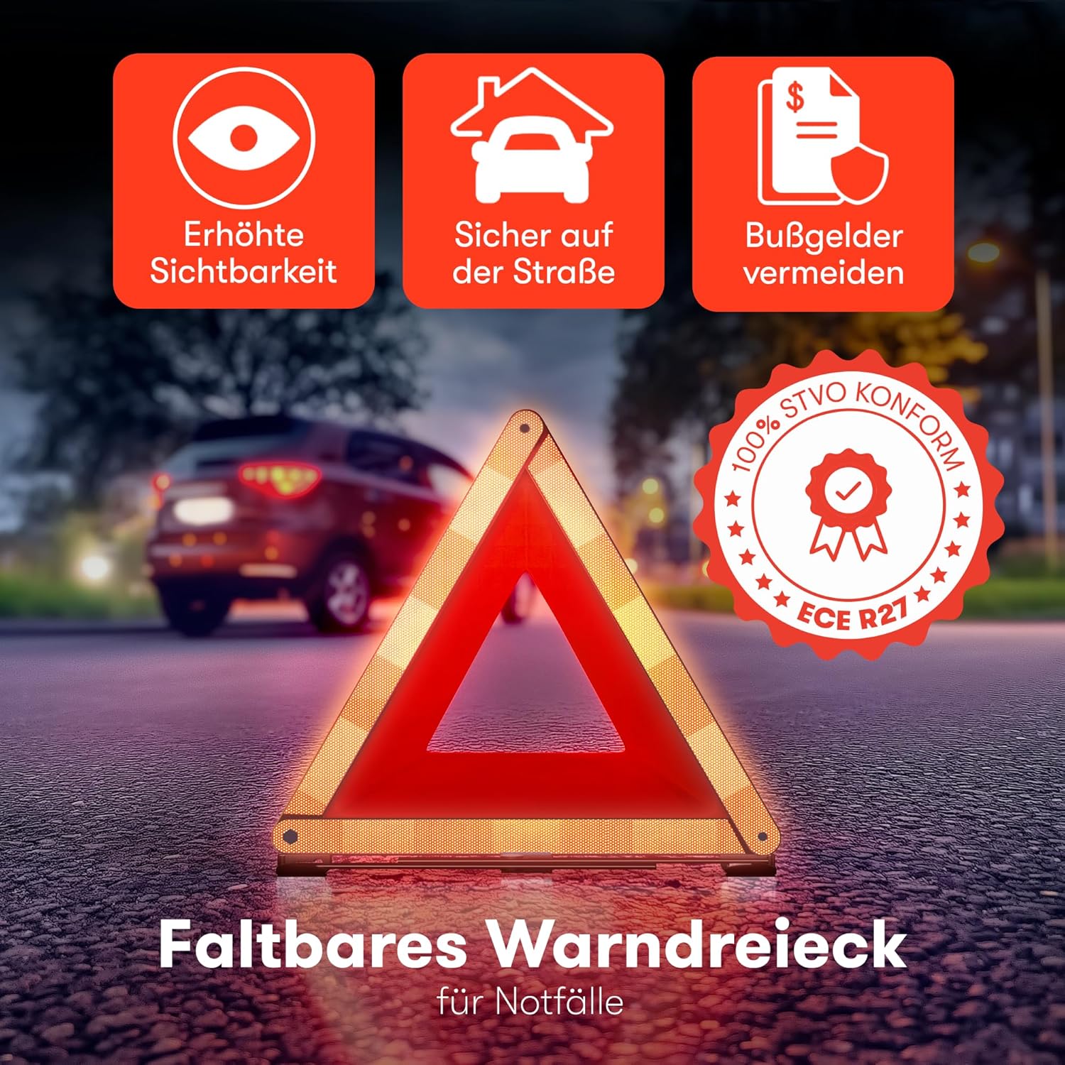 Detalle 2 de PURAHELP Warndreieck KFZ Faltbar – ECE R27, bis 250 m sichtbar, kompakt & klappbar
