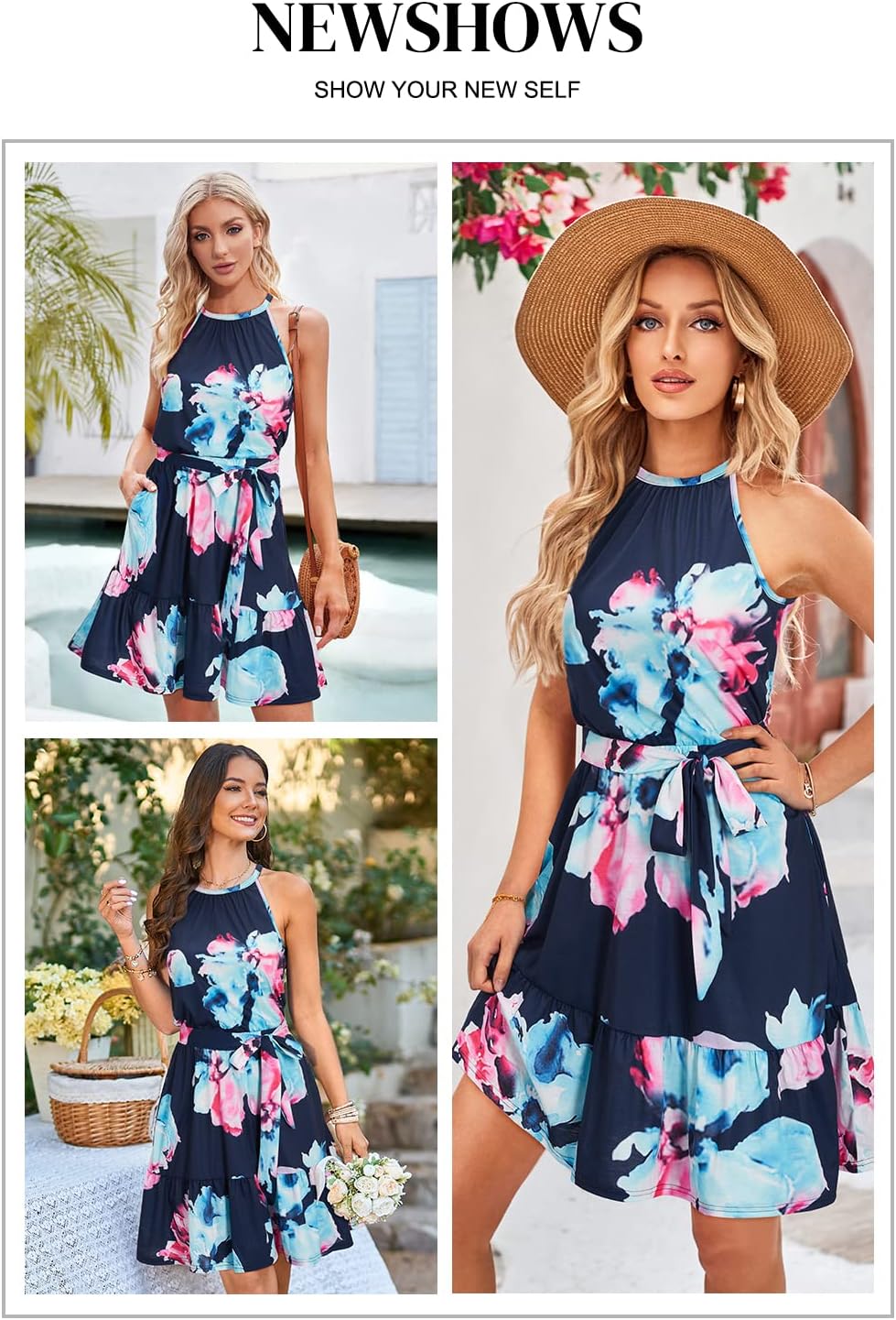 Detalle 2 de Newshows Sommerkleid Damen Knielang Blumenmuster