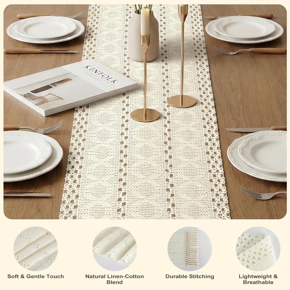 Detalle de AOOTE 6265999 Bohemian Table Runner, 30 x 180 cm, Ivory White