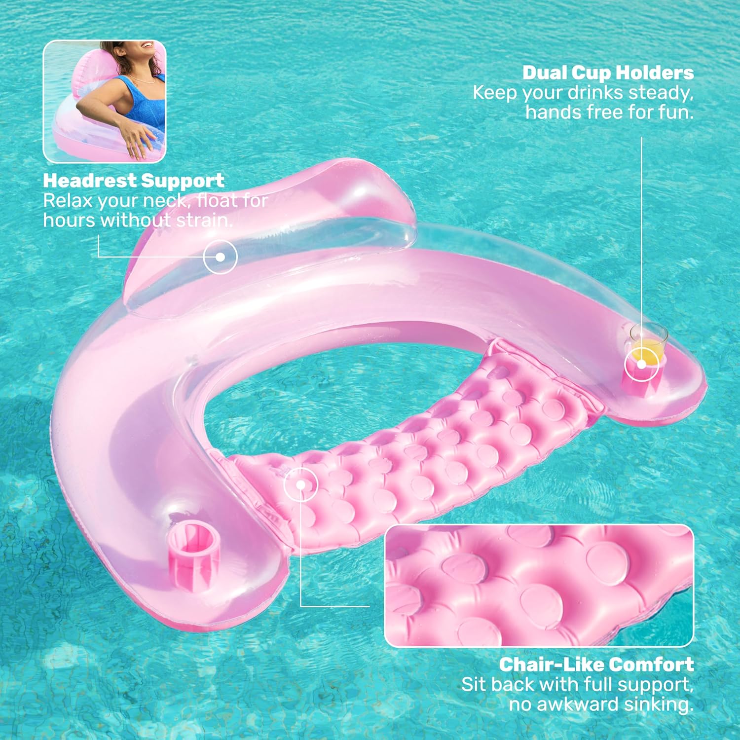 Detalle 2 de Sloosh Inflatable Pool Floats for Adults (2-Pack) with Cup Holders, X-Large Pool Chair