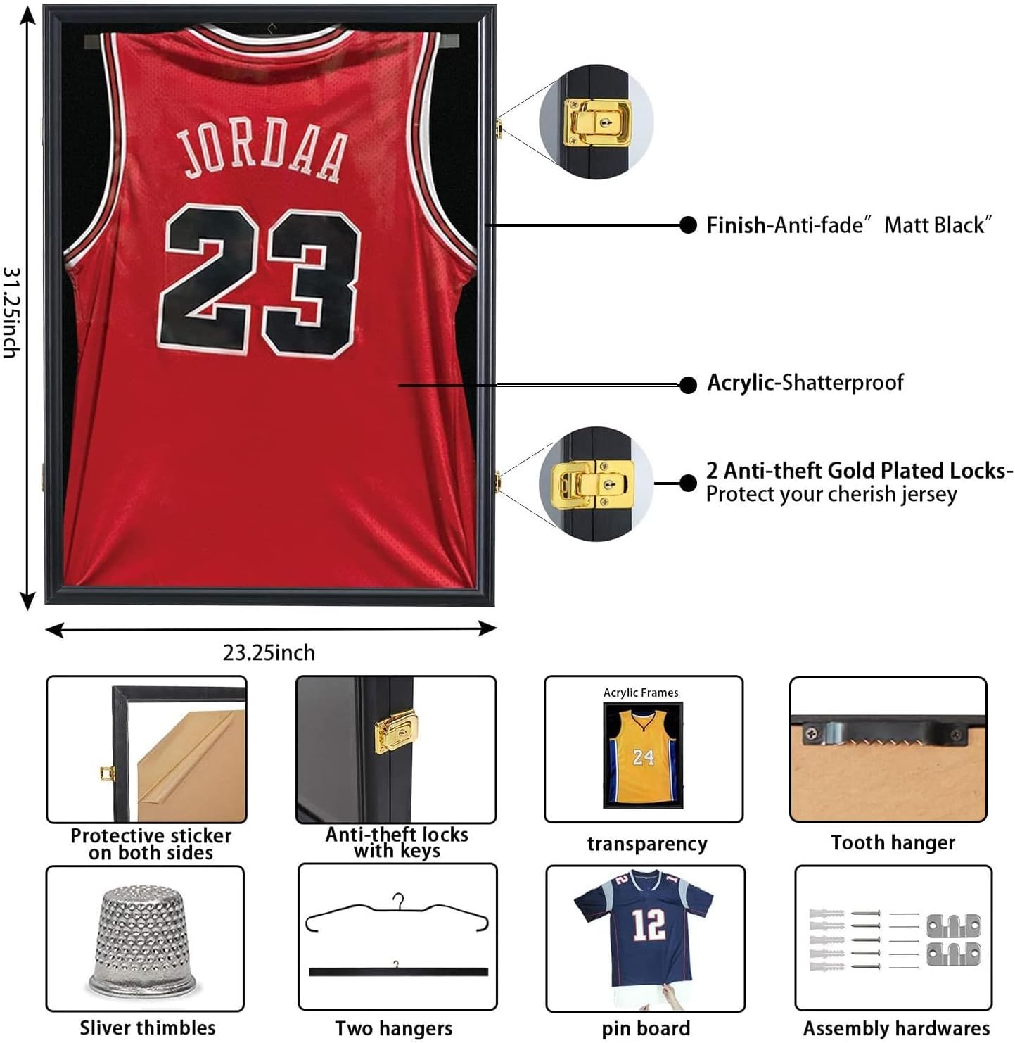 Detalle de Jinchuan black-2pcs Jersey Display Case, Lockable Wood Frame with UV Protection