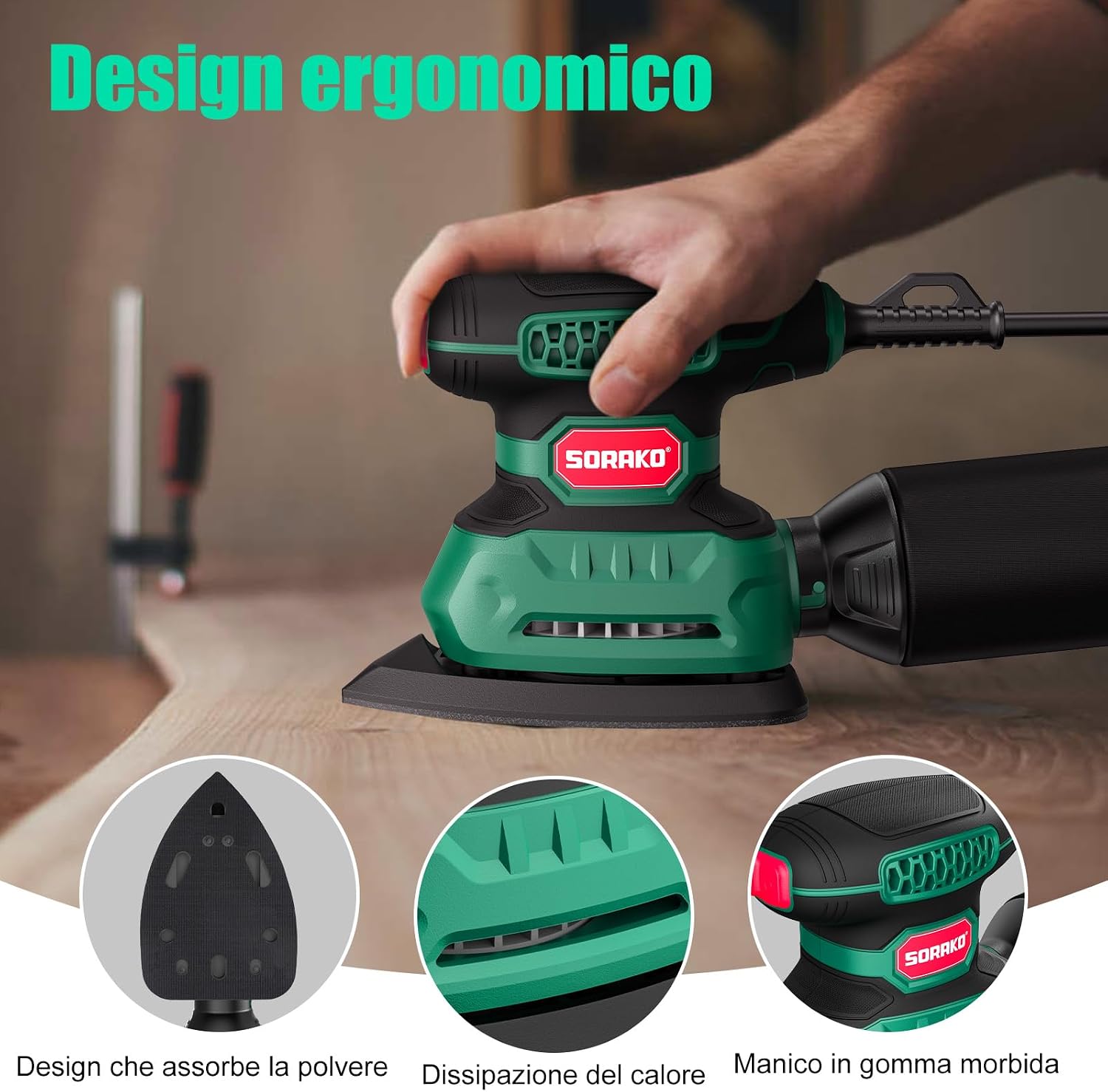 Thumbnail 2 de SORAKO Levigatrice per legno 220W con raccolta polvere e 16 fogli abrasivi