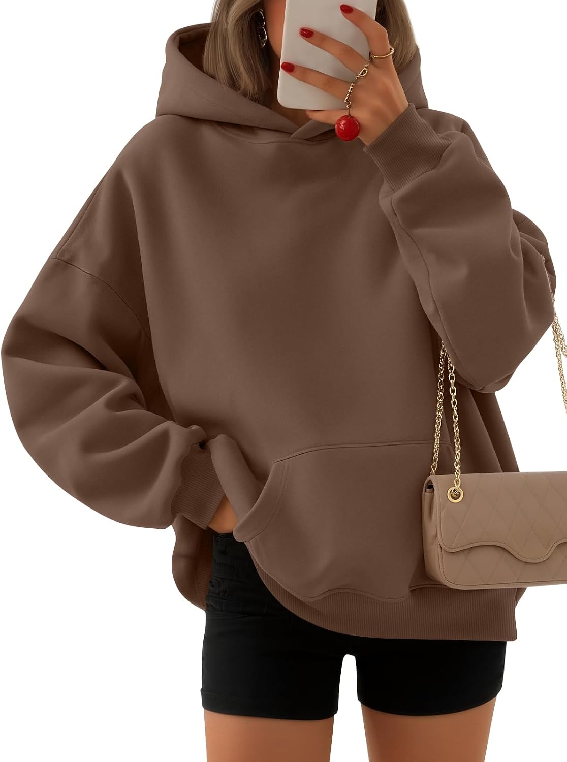 Detalle de EFAN Women's Oversized Fleece Hoodie with Dropped Shoulders and Side Pockets