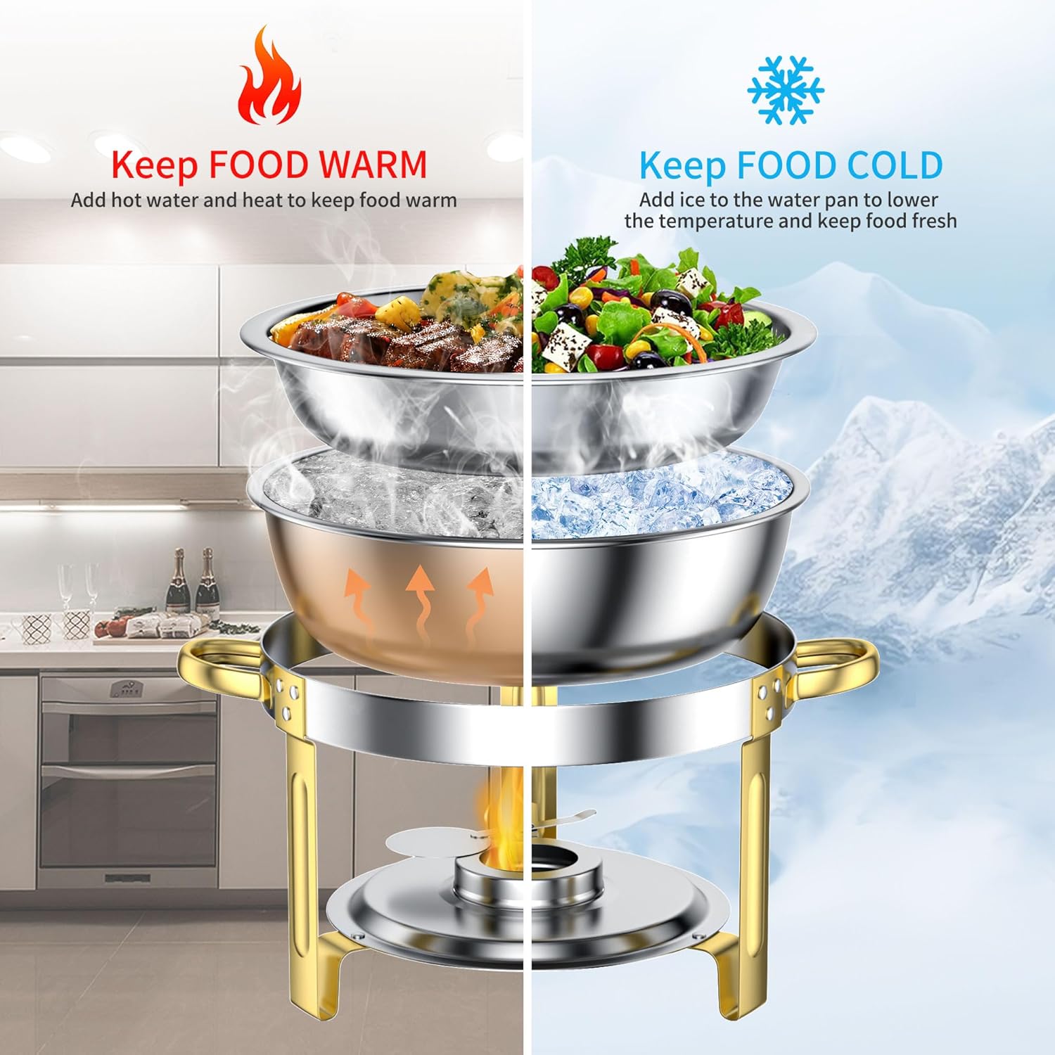 Detalle 2 de GGIU 5-Quart Round Chafing Dish Buffet Set with Lids (Pre-Installed) for Catering