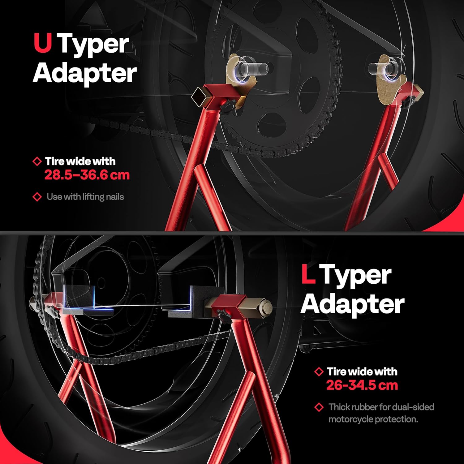 Detalle de SPECSTAR Motorcycle Paddock Stand 200kg Capacity – Rear Wheel Lift with Adjustable U & L Fork Heads