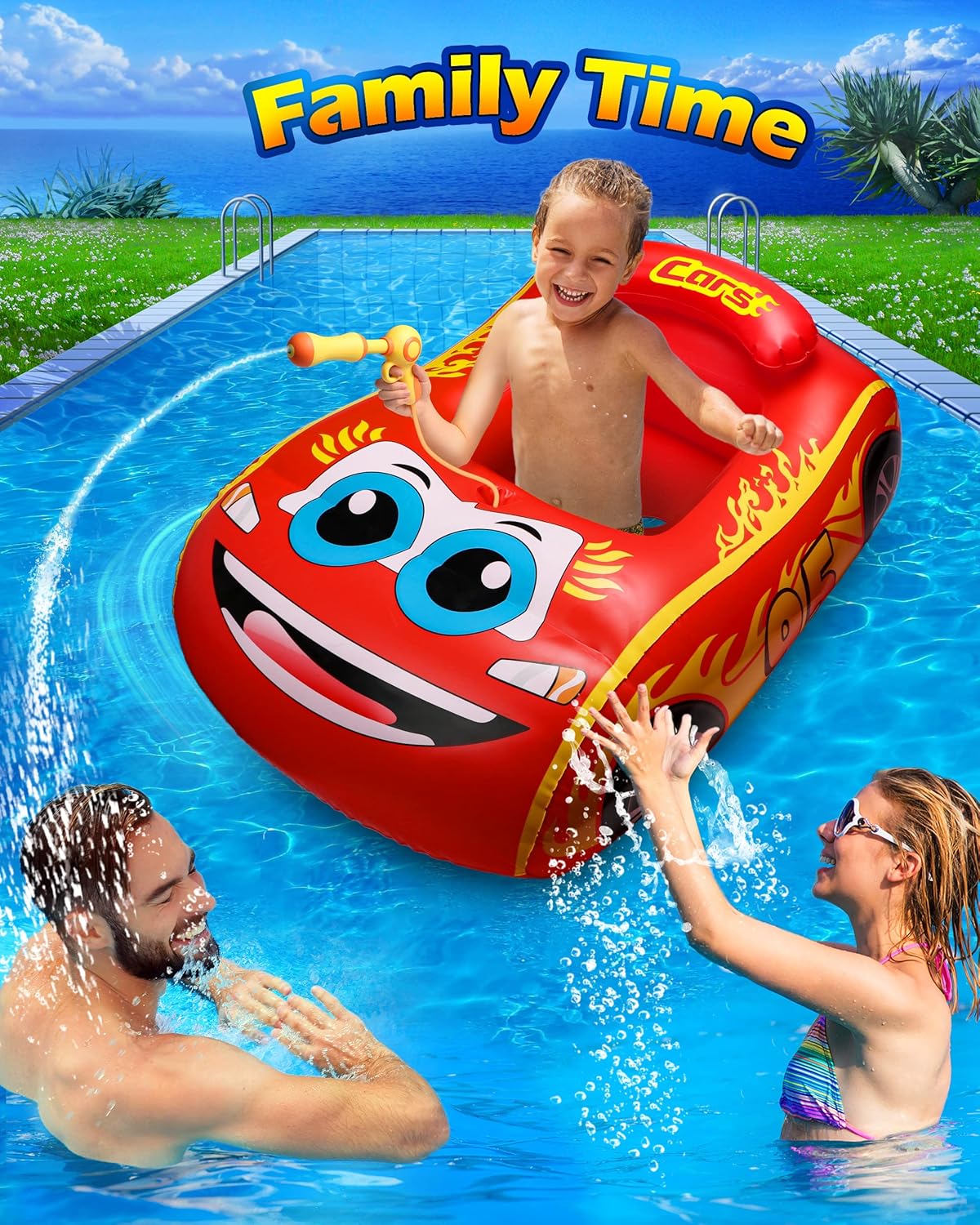 Detalle de HopeRock Kids Pool Float with Water Gun — Inflatable Car Ride-on for Ages 3–8 (Red)