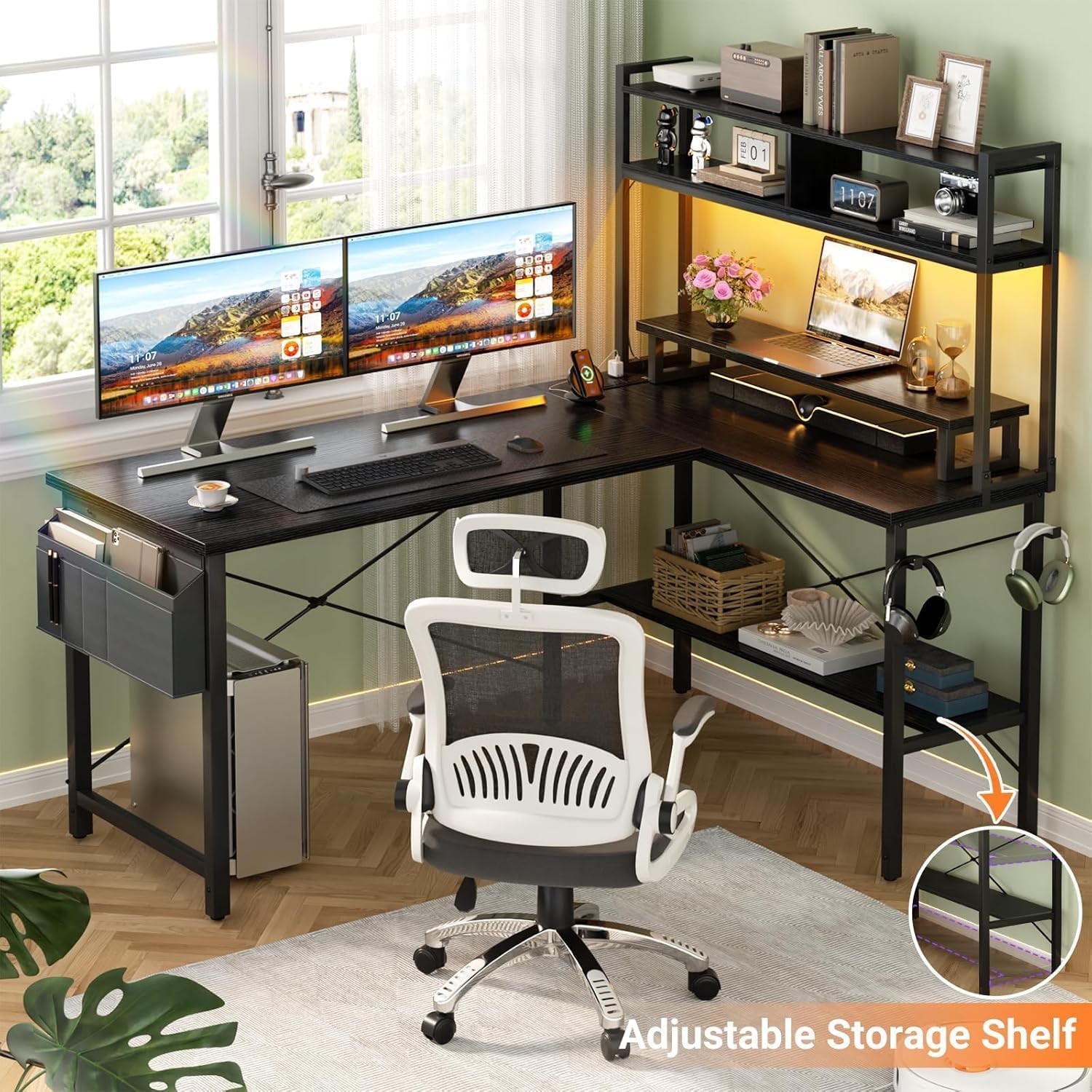 Detalle de iSunirm L Shaped Gaming Desk with Power Outlets & LED Lights