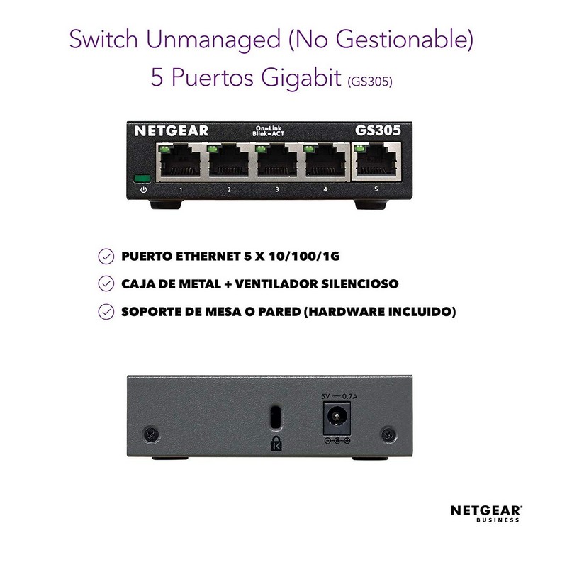 Detalle de Netgear GS305-300PES: Switch no administrado de 5 puertos Gigabit para oficina y hogar