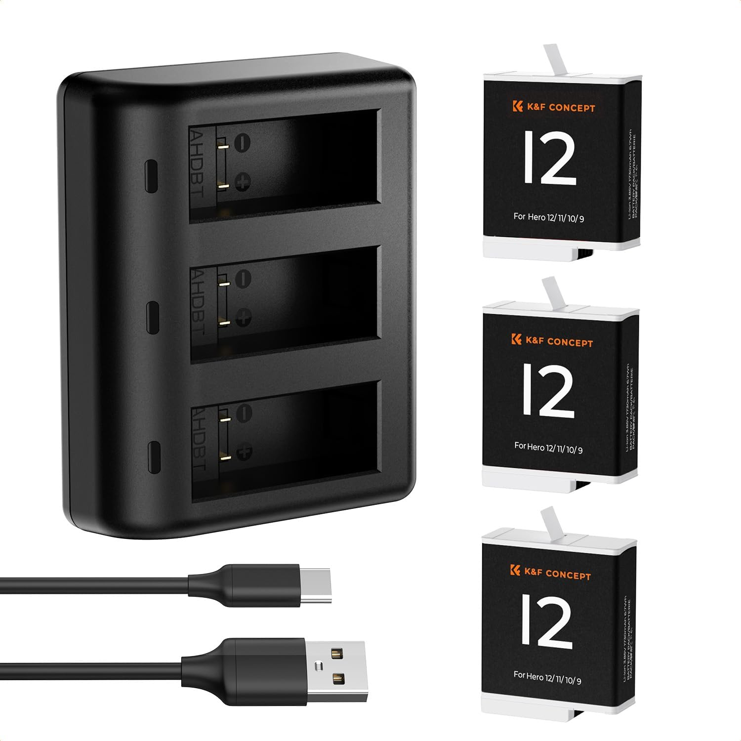 Detalle de K&F CONCEPT 3-Pack Replacement Batteries for Hero 12 with 3-Channel Quick Charger (1730mAh)