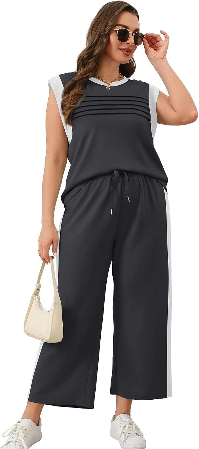 Detalle de WIHOLL Two-Piece Lounge Set for Women (Cap Sleeve Top + Side Slit Wide-Leg Pants), S-3XL
