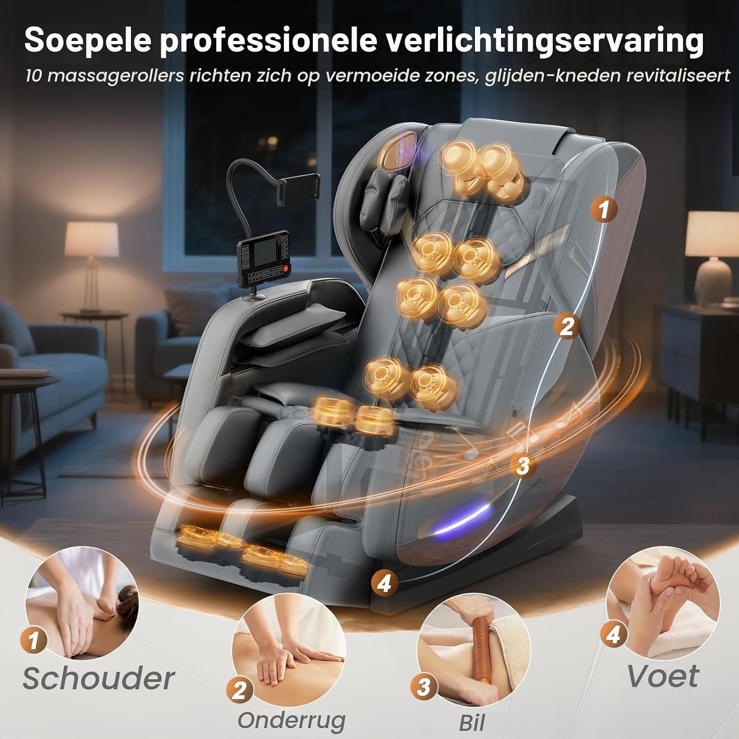 Detalle de yewglen massagestoel met 14 massagerollen, warmte en 8 airbags