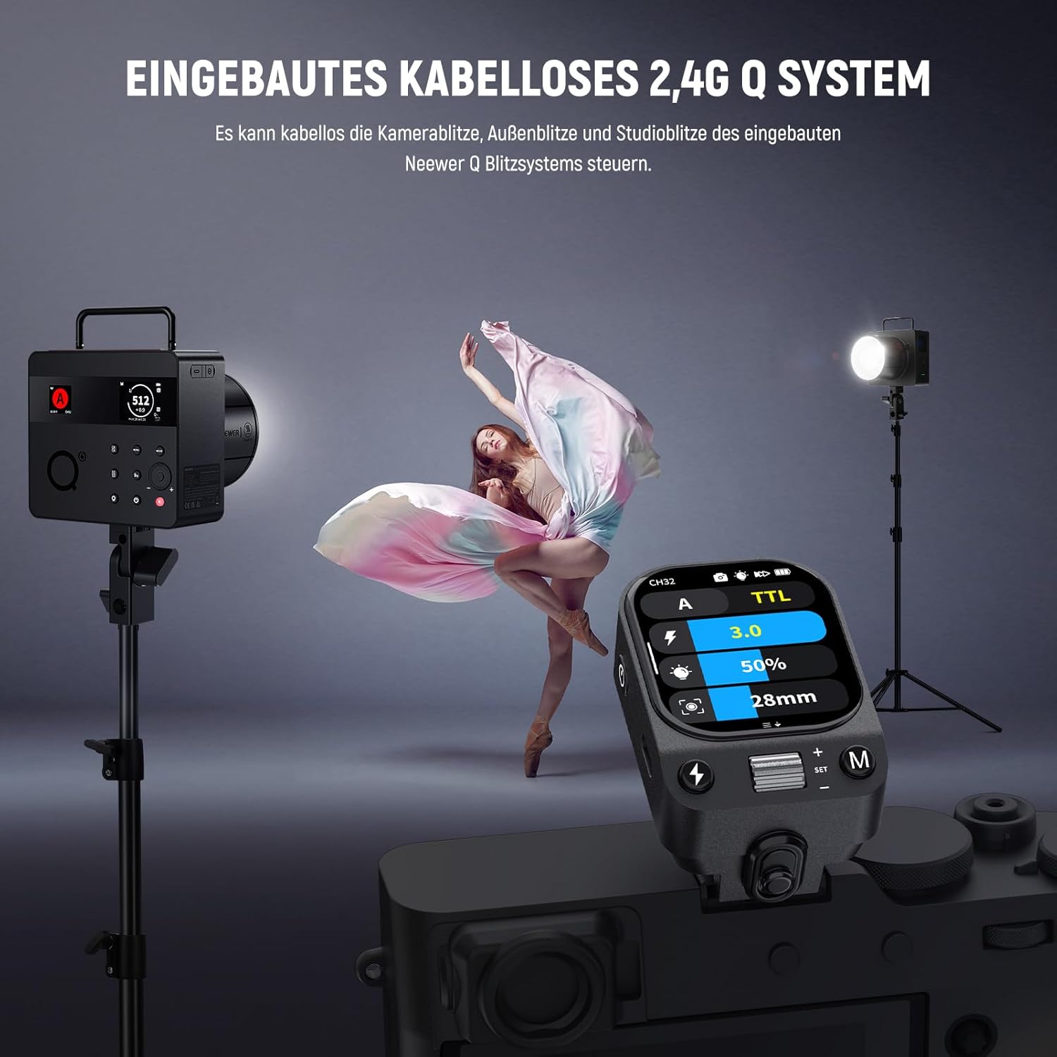 Detalle de NEEWER QZ-F TTL Funk-Blitzauslöser für Fujifilm Kameras – OLED Touch, HSS 1/8000s, 1000mAh Akku