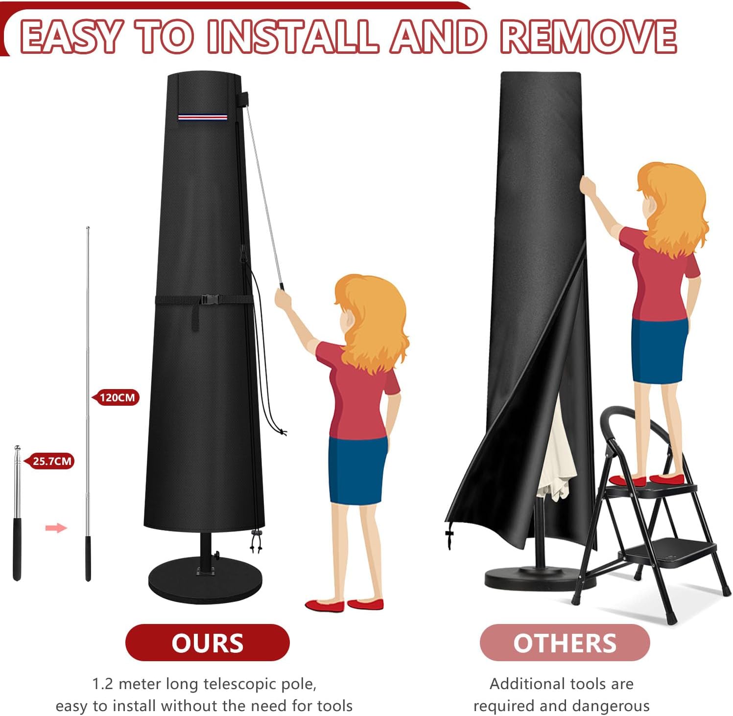 Detalle 2 de LAMUNI Housse Parasol Droit 2m à 3m avec Tige et Zip – Protection durable pour parasol de jardin