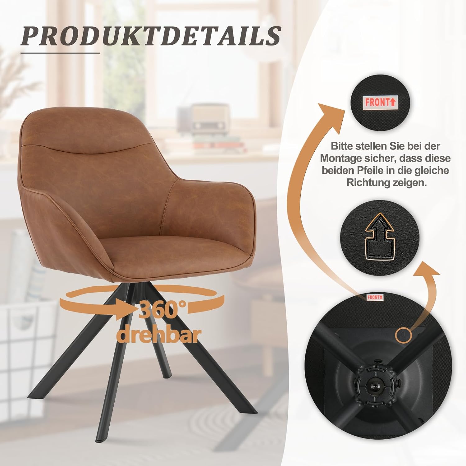 Thumbnail 4 de Goeurvant Drehstuhl Esszimmer – 4er-Set, Kunstleder, 360° Drehung, Metallbeine, braun