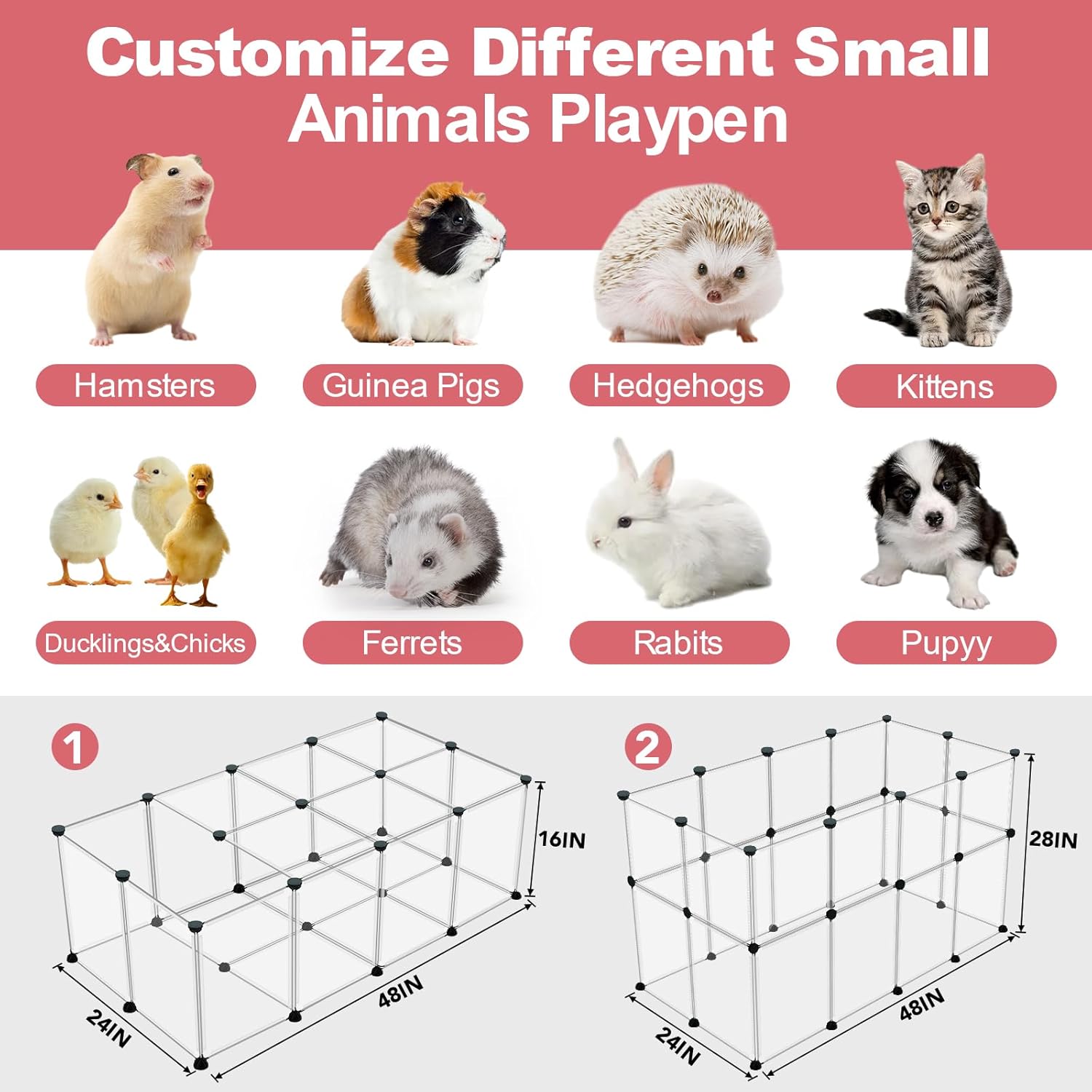 Detalle 2 de VISCOO 24 Panels Portable Small Animals Playpen — 48 x 24 x 28 inches, Transparent Plastic Enclosure