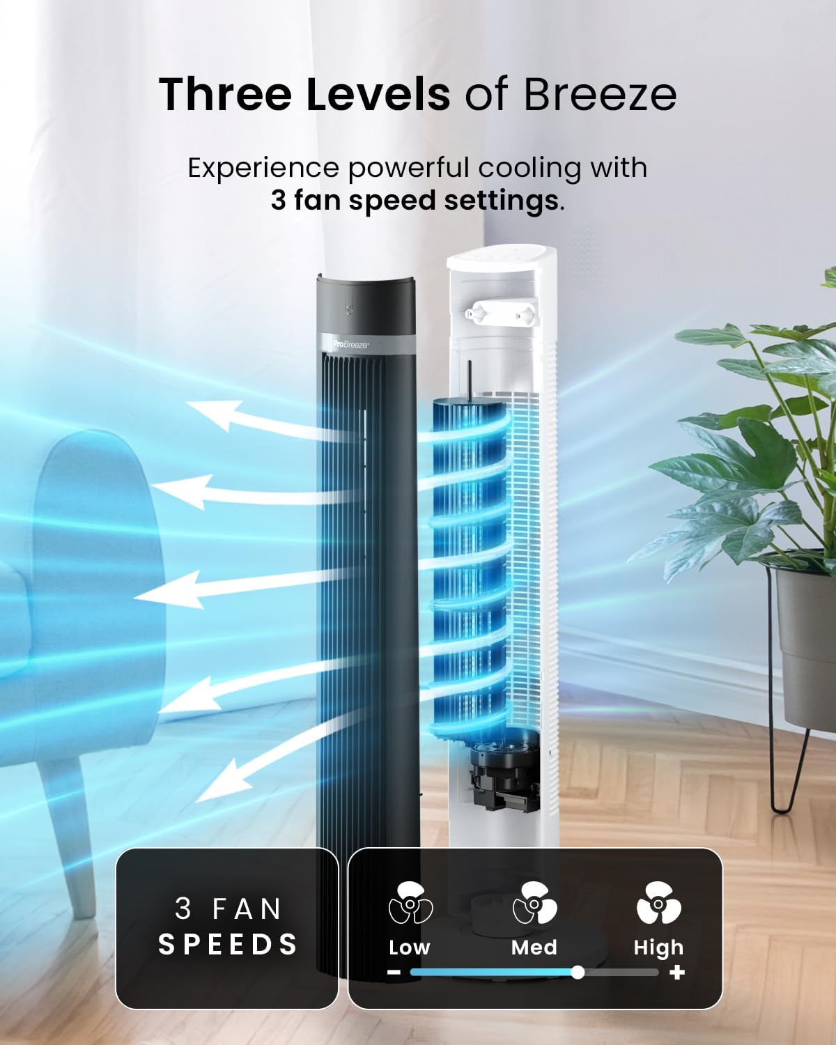 Thumbnail 2 de Pro Breeze 40-Inch Bladeless Tower Fan with Remote Control — Quiet 45W, 90° Oscillation, 15H Timer