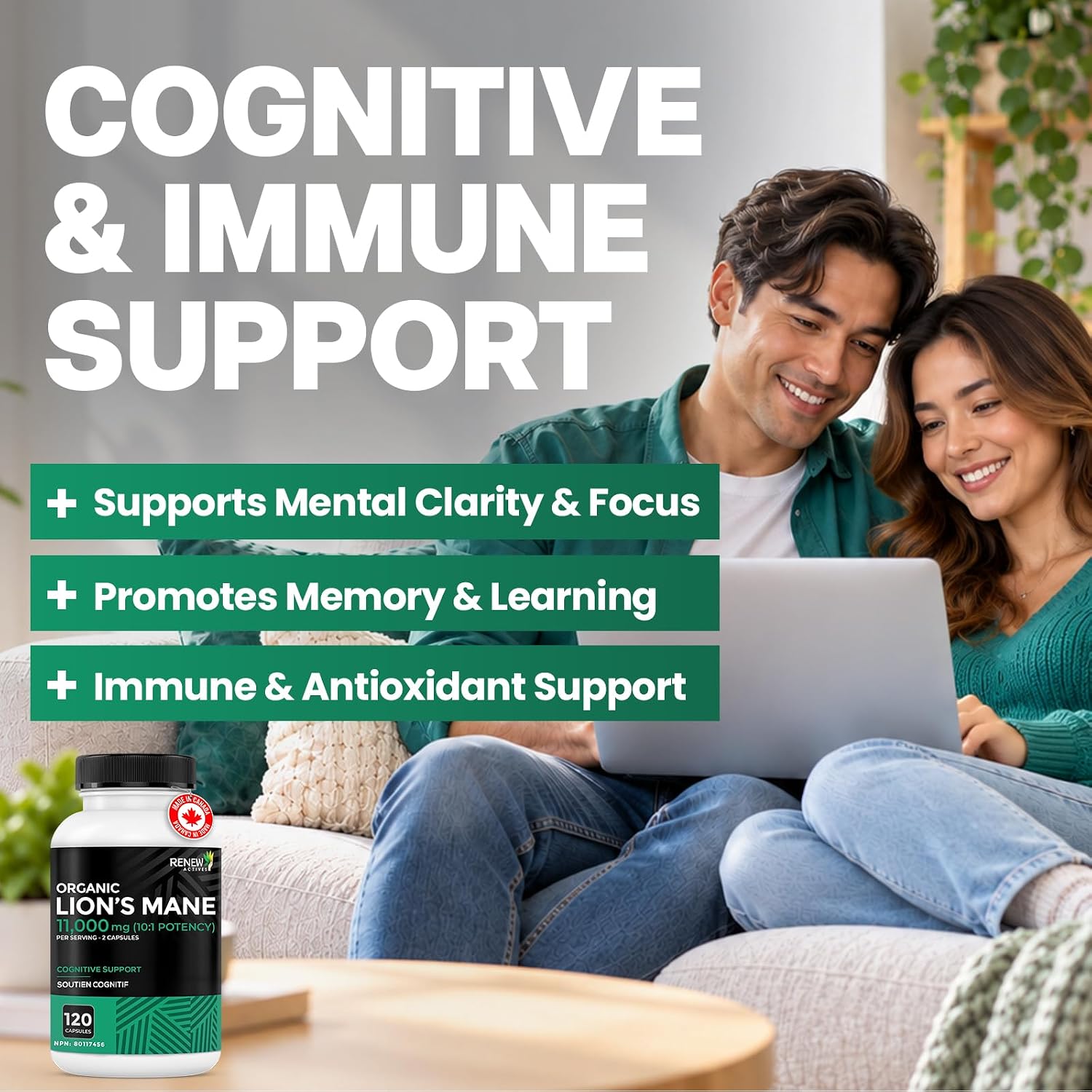 Detalle 2 de Renew Actives Organic Lion’s Mane Mushroom Capsules, 5,500 mg 10:1, 40% Polysaccharides, 240 Count