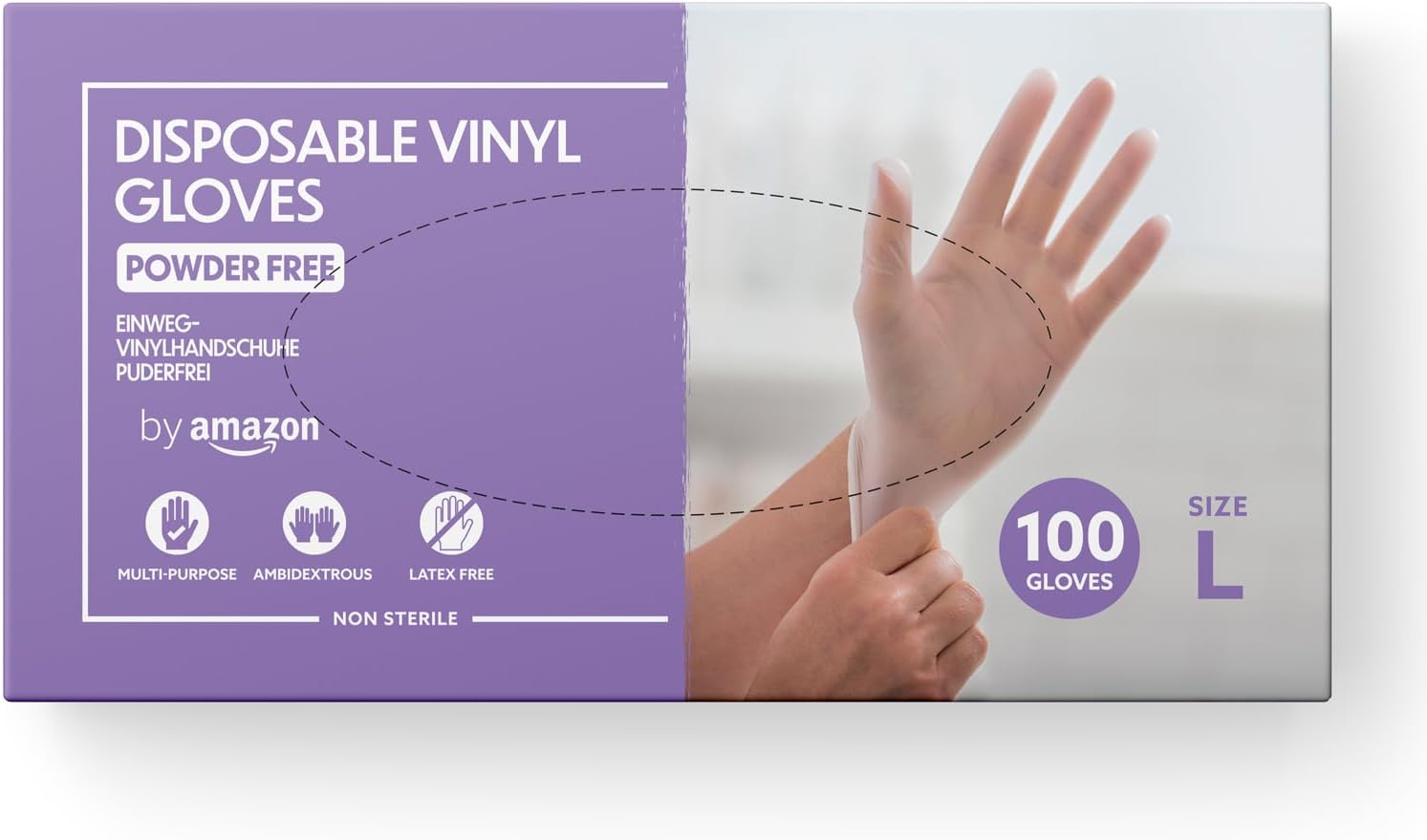 by Amazon Disposable Vinyl Gloves, Size L, Pack of 100