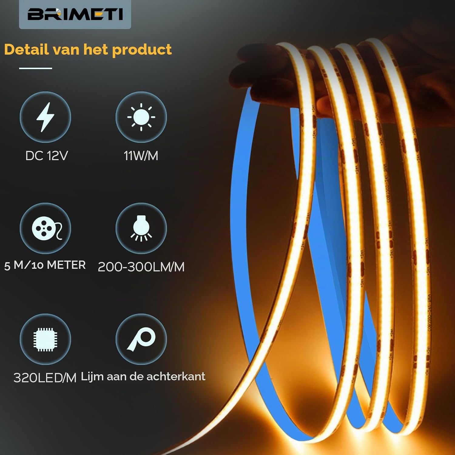 Detalle 2 de BRIMETI COB LED-strip 10 m, 6000 K, 320 leds/m en 12 V