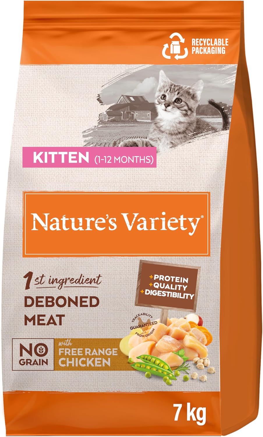 Detalle de Nature's Variety No Grain Kitten, pienso para gatos con pollo, formato de 7 kg
