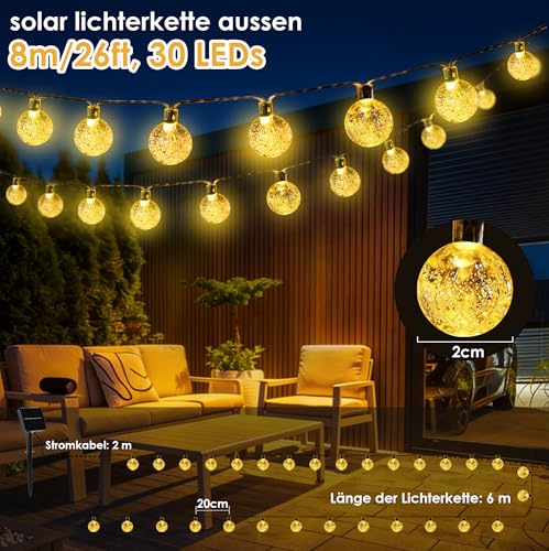 Thumbnail 2 de LuJasi Solar Lichterkette Außen – 8 m, 30 LEDs, IP65, 8 Modi, Warmweiß