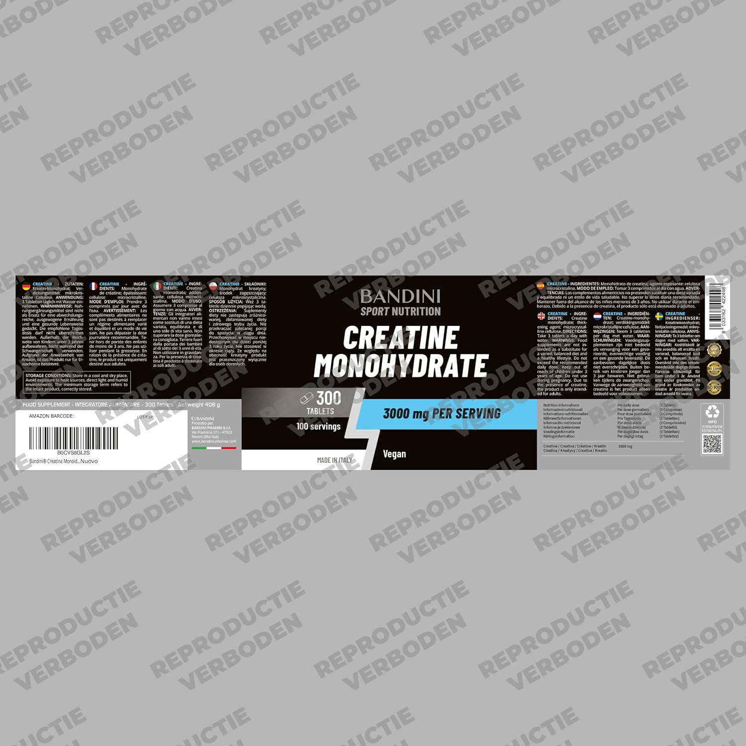 Thumbnail 4 de BANDINI creatinetabletten 3000 mg, 300 vegan tabletten met creatinemonohydraat