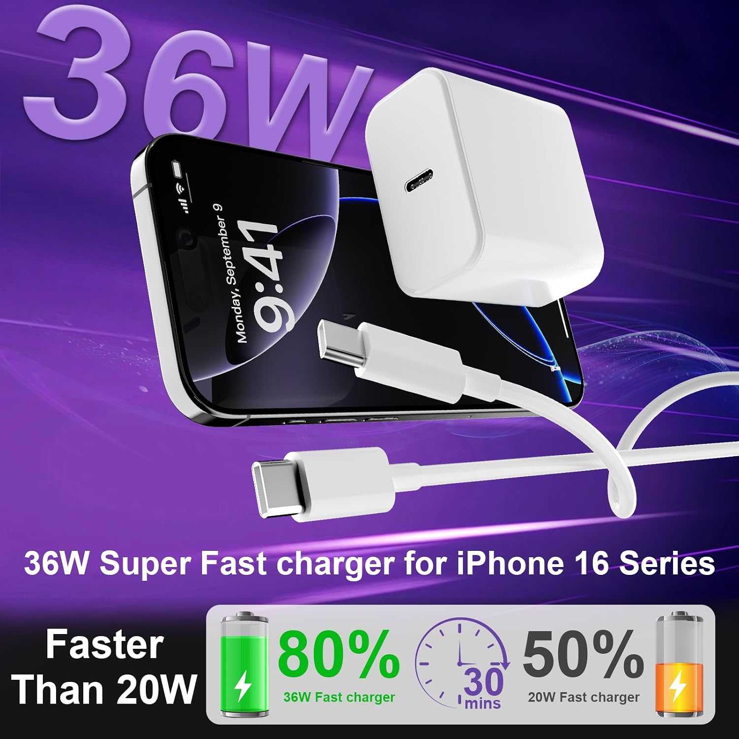 Detalle 2 de Bayznqiu iPhone 17 45W Fast Charger with 6ft USB-C cable