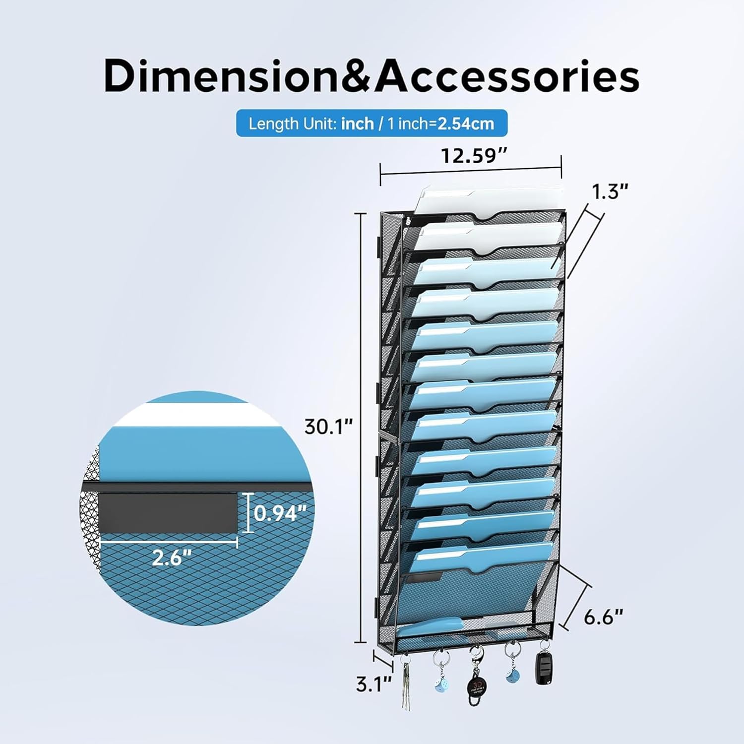 Detalle 2 de SUPEASY 13-Tier Black Hanging Wall File Organizer with Hooks, Metal Mesh