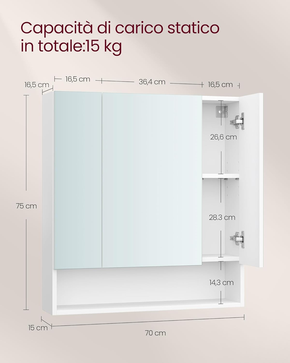 Detalle de VASAGLE KAILYN BBK129W01 armadietto bagno da parete con specchio e ante a specchio