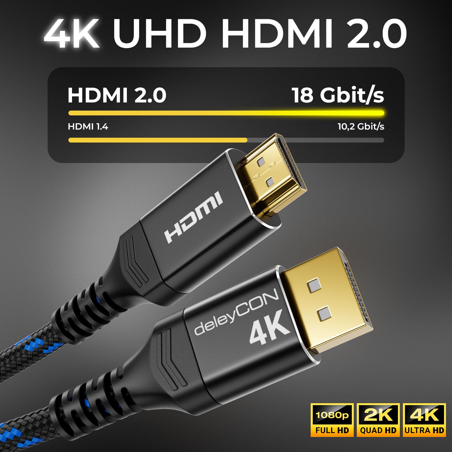 Thumbnail 3 de deleyCON 1,5m 4K DisplayPort auf HDMI Kabel – Aluminiumstecker, Nylonkabel, 4K@60Hz
