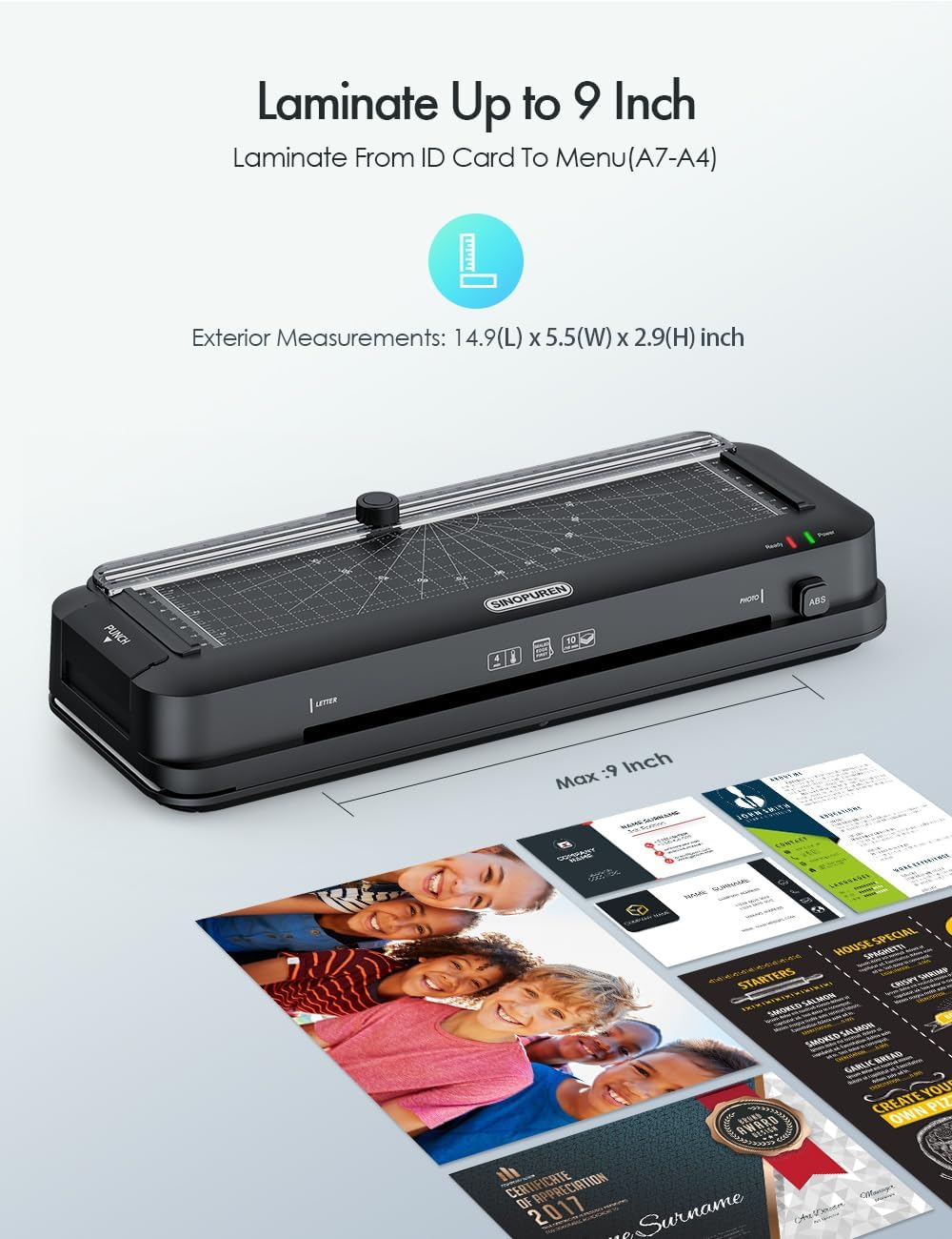 Detalle 2 de SINOPUREN 9-Inch Laminator with Built-In Trimmer, 2-Hole Punch and 10 Pouches