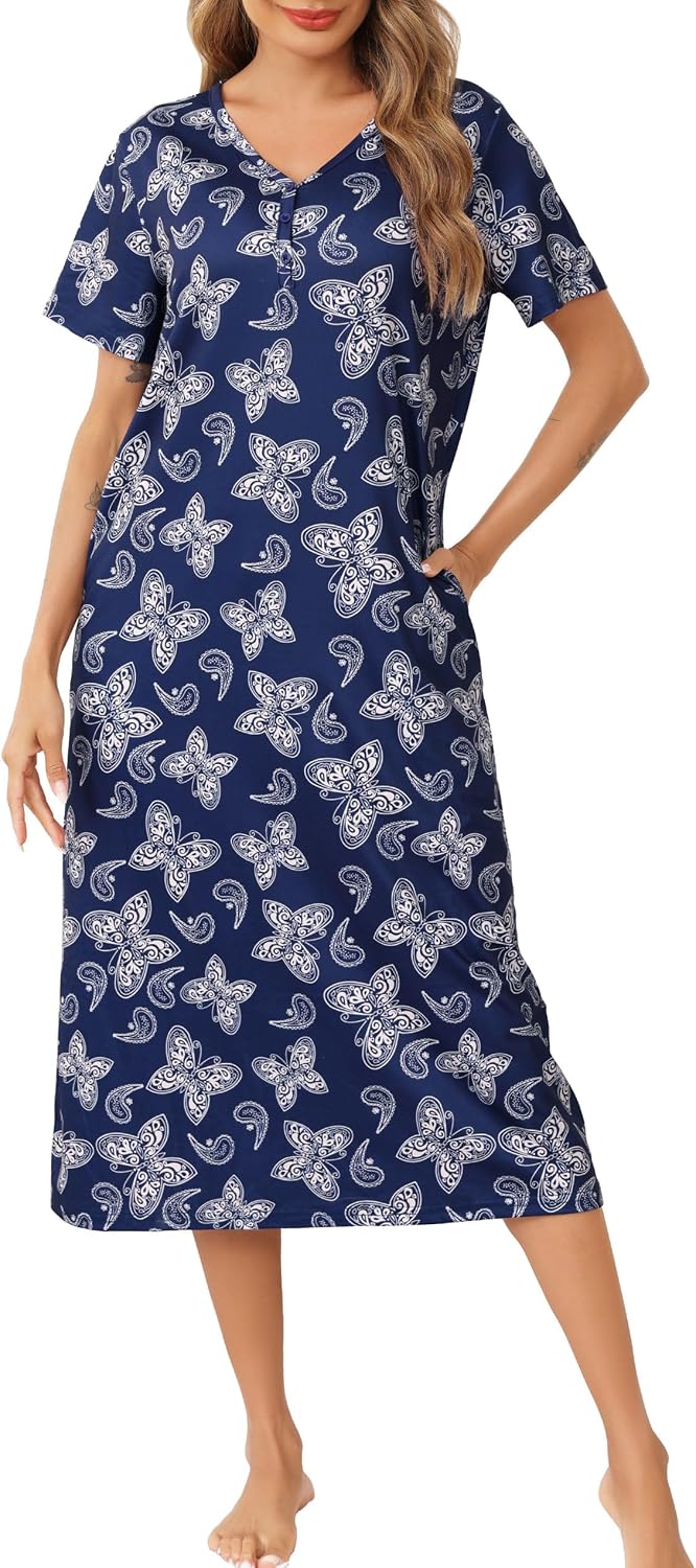 Thumbnail 6 de Lovasy Cotton Nightdress for Women UK – Long Nightdress with V-Neck, 95% Cotton Stretch, Pockets
