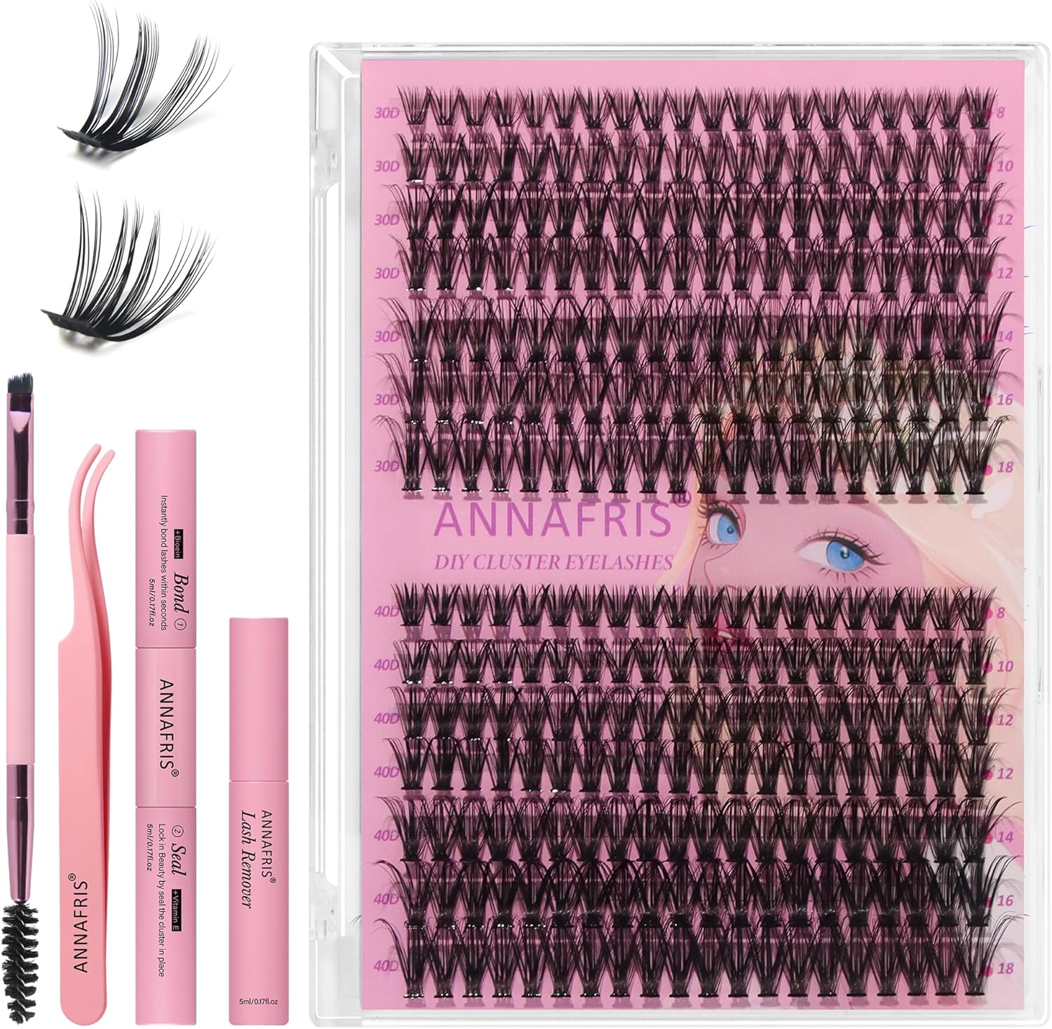 Detalle de ANNAFRIS Ciglia Finte Ciuffetti 30D+40D – Set DIY Mix 8–18 mm, D Curl, 0,07 mm di spessore