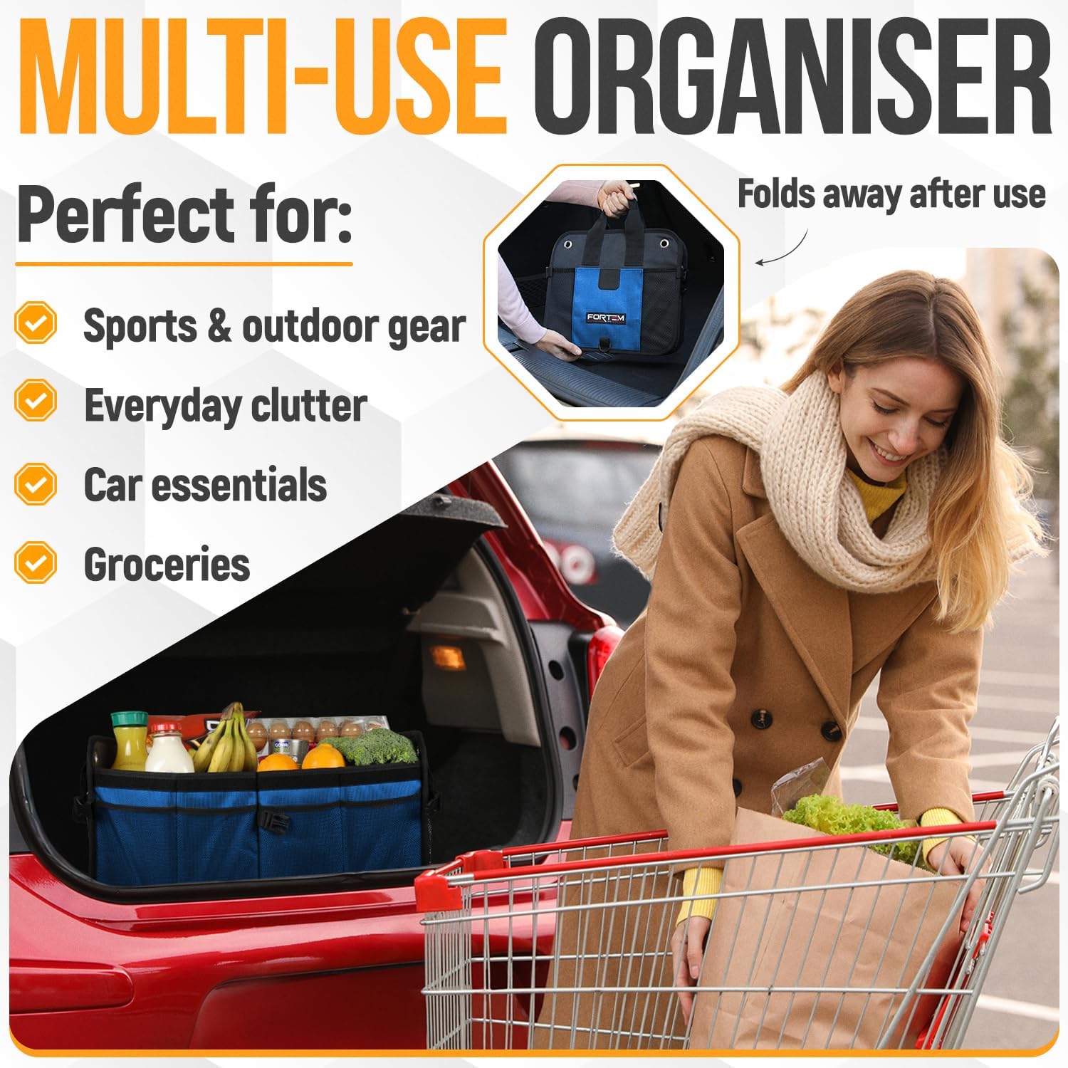 Detalle de FORTEM Car Boot Organiser (65L) – collapsible multi-compartment trunk storage with straps