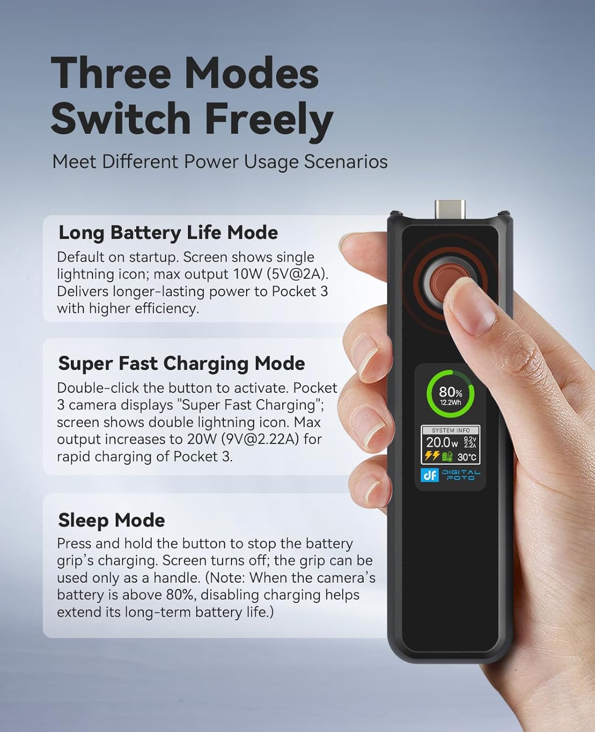 Detalle de Osmo Pocket 4/3 Akku 5000 mAh – 20 W Schnelllade-Batteriegriff für DJI Pocket 3/4 mit LCD-Display