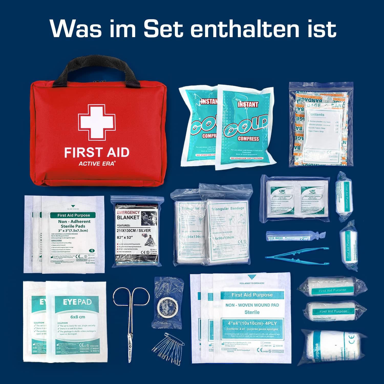 Detalle de Active Era Erste Hilfe Set – 90-teiliges Premium Erste Hilfe Paket mit Sofort Kühlpacks, Augenspülung und Rettungsdecke