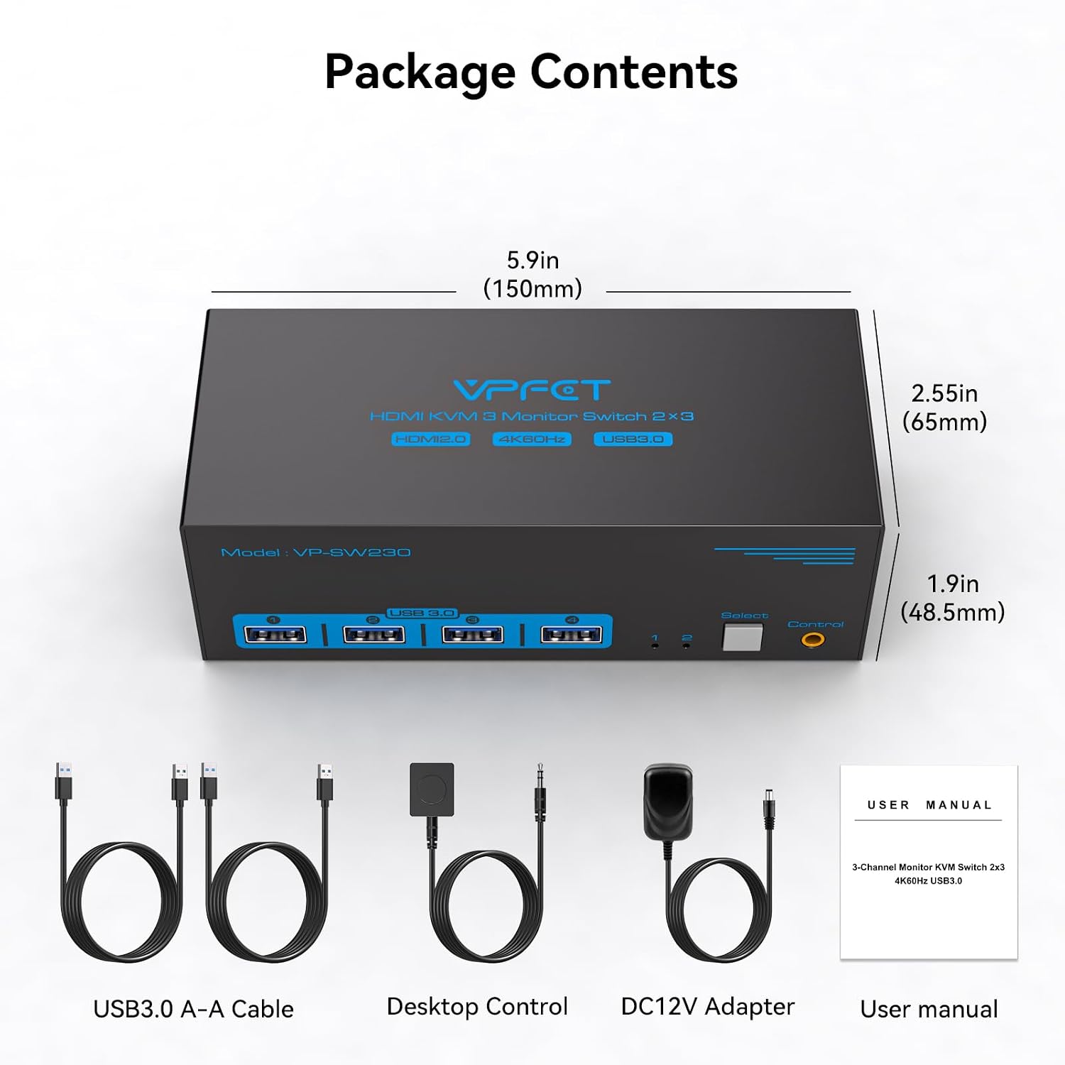 Thumbnail 6 de VPFET SW230-Deep Blue 3-Monitor HDMI KVM Switch, 4K@60Hz, USB 3.0