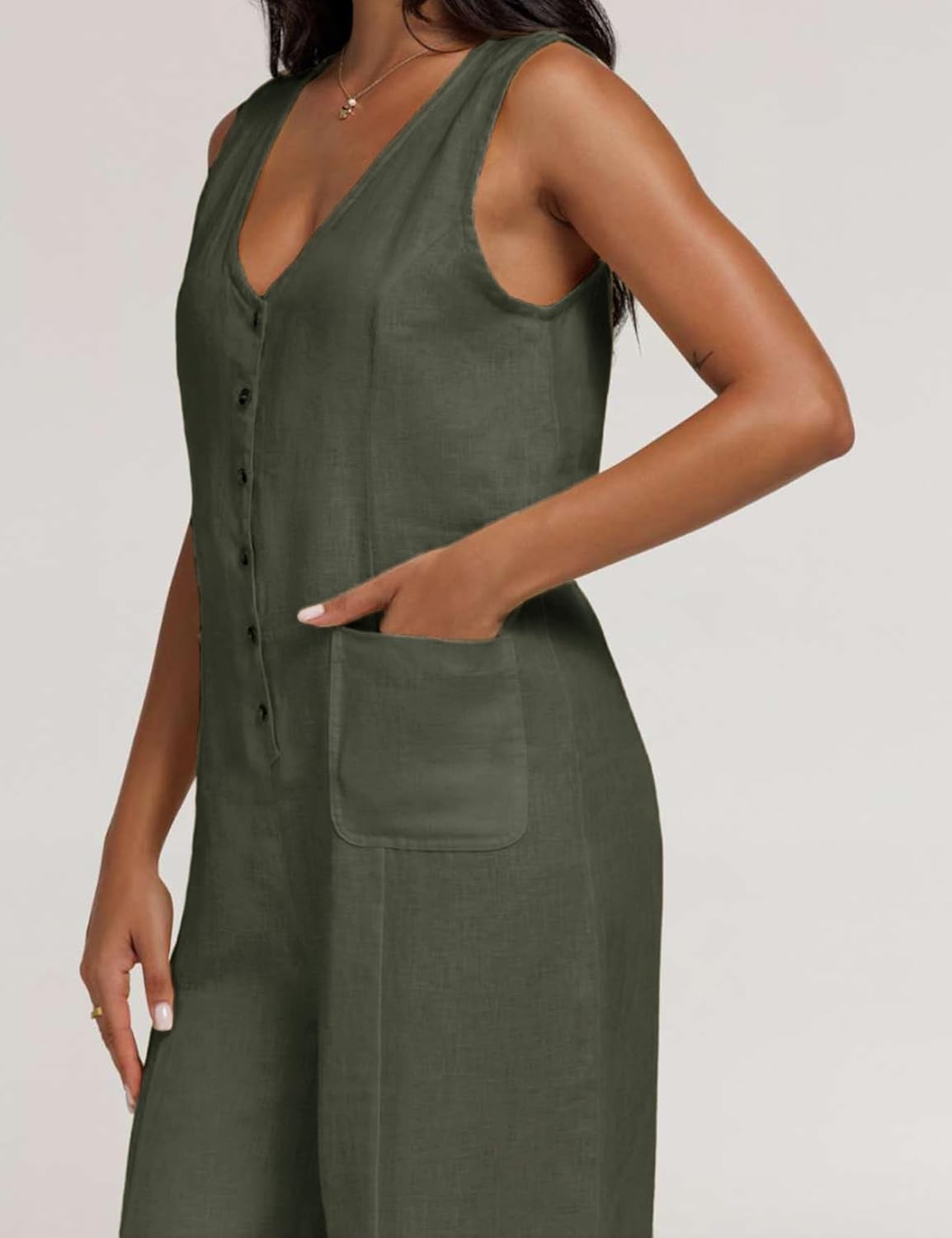 Thumbnail 5 de Yeokou Women Button Down Jumpsuits in Cotton Linen with Pockets