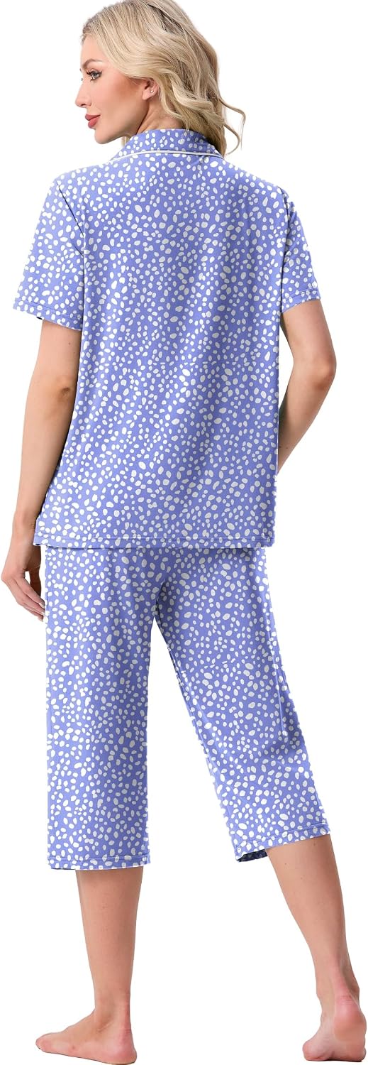 Detalle de VINTATRE Capri Pajama Set for Women, Short Sleeves, Button-Down Front and Pockets