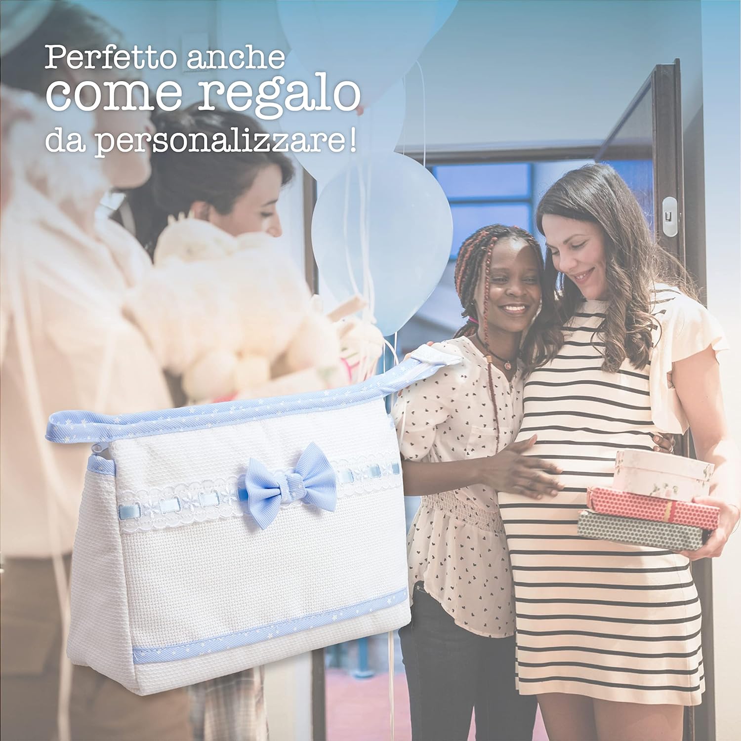 Thumbnail 6 de Filet - Trousse da viaggio in cotone con interno impermeabile e ricamabile all'esterno (24x16x6 cm) in azzurro e bianco