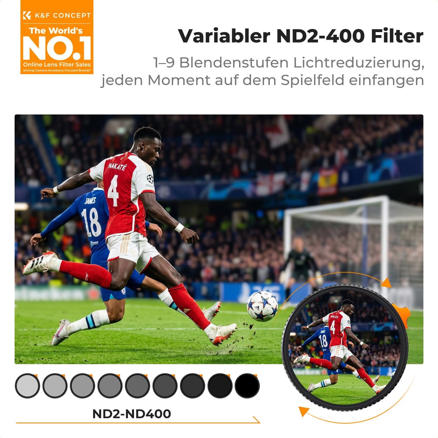 Detalle de K&F CONCEPT Ultra-niedrige Reflexion ND Filter 77mm – Variabler ND2-400 (1–9 Blendenstufen), Nano Xcel